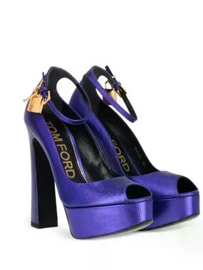 Tom Ford Metallic Purple Peep-Toe Platform Heels with Gold Accents